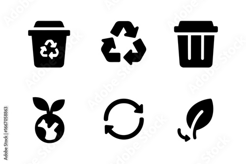 Black simple icons for recycling and eco-friendly practices