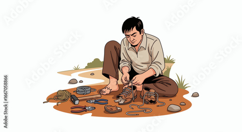 A man squatting on dirt repairing old shoes with tools like pliers hammer rope and wire with a path and grass