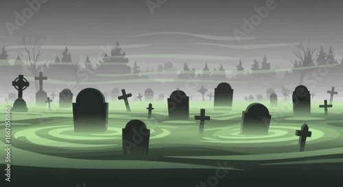 A misty pixelated graveyard scene with numerous dark gravestones including crosses rising from a glowing green swirling ground