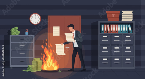 A man in a suit burns documents in a fire fueled by money within a dark office room with file cabinets and a clock