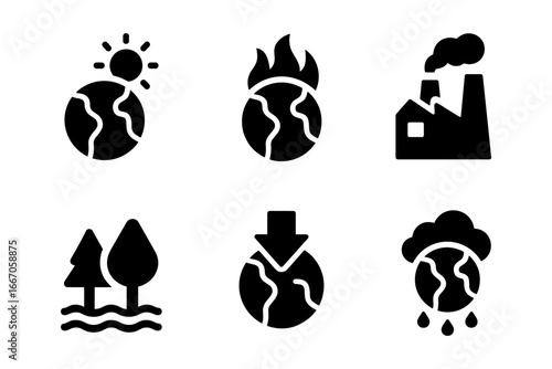 Climate icons set depicting global warming, deforestation, and environmental impact