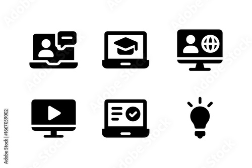 Online learning icons: education, communication, video, and innovation symbols