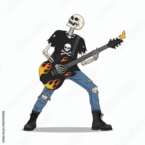 A skeleton in ripped black tshirt and jeans plays a flaming electric guitar standing on a white background