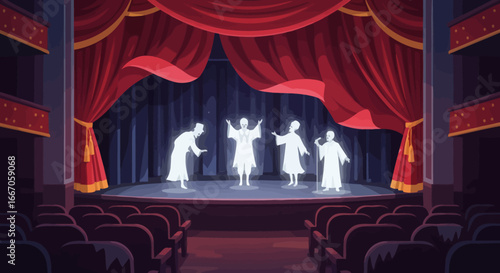 A theater stage features four translucent figures performing flanked by red curtains and empty audience seats