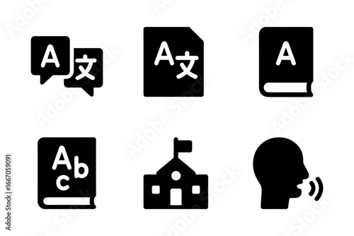 Language and education icons set in silhouette style for apps and websites
