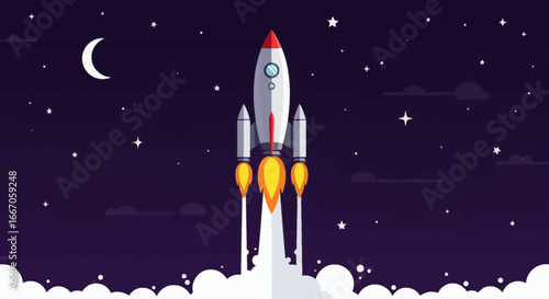 A white and red rocket launching into a starry night sky with a crescent moon and clouds