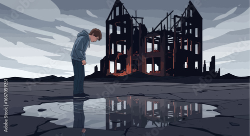 A young man in a hoodie and jeans looks into a puddle reflecting a skeletal burnedout building under a grey sky