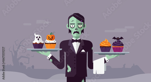 A zombie butler in a tattered suit holds two trays of Halloween cupcakes with ghost pumpkin bat and festive toppings