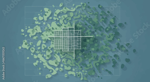 Aerial view of a stylized urban plan with a central grid surrounded by organic green shapes set against a blue background with a faint grid