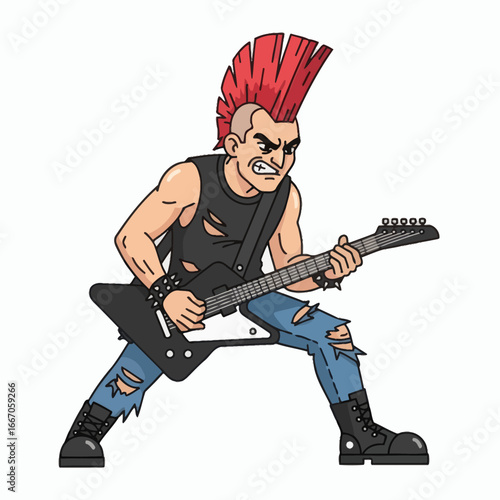 Aggressive punk rocker with red mohawk ripped clothes playing black electric guitar in a wide stance