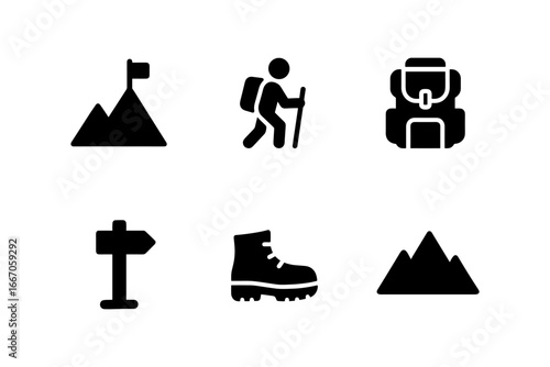 Minimalist hiking icons set: adventure, backpacking, and outdoor elements