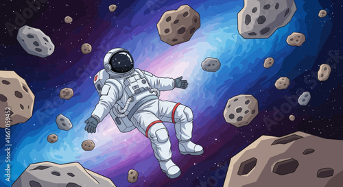 An astronaut in a white suit floats amidst numerous asteroids against a vibrant blue and purple galaxy background