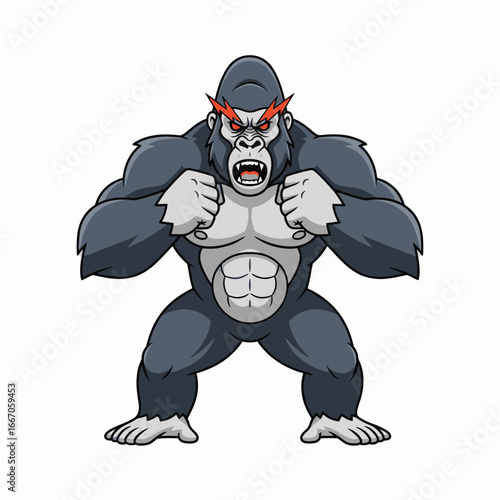An enraged muscular cartoon gorilla with red lightning symbols above its eyes standing on a white background roaring with clenched fists
