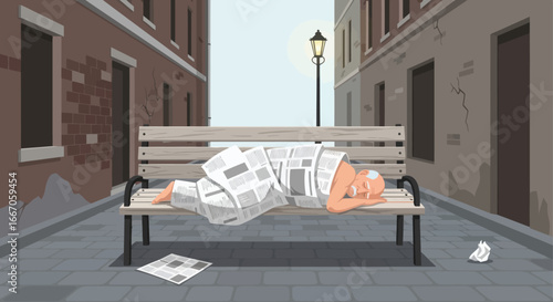 An elderly person sleeps on a wooden bench covered in newspapers on a cobblestone street between old brick buildings with a streetlamp