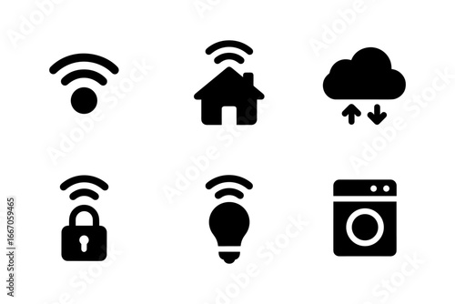 Smart home icon set featuring wifi, cloud, security, and appliances in black silhouette style