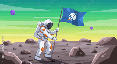 Astronaut in white suit plants a blue flag on a rocky alien planet under a greenyellow sky with purple moons