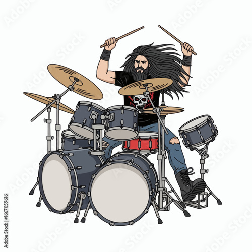 Bearded longhaired drummer in a skull shirt plays an extensive drum kit with various cymbals and drums
