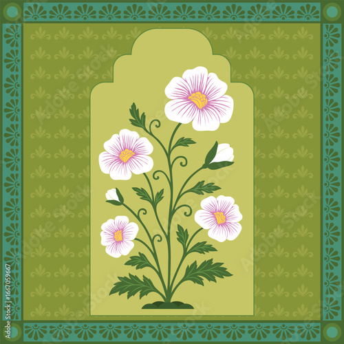 mughal Traditional Floral Motif with Ornamental Flowers. Traditional indian flower motif illustrations.