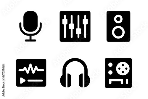 Audio icons set: microphone, mixer, speaker, waveform, headphones, dj decks
