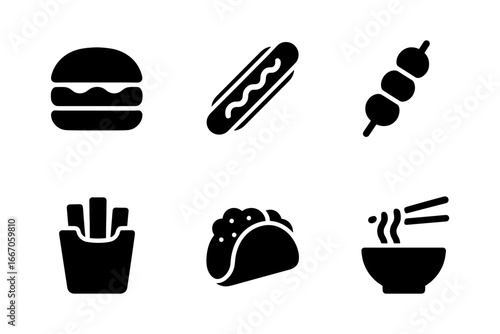 Silhouette icons: fast food favorites including burger, hotdog, and noodles