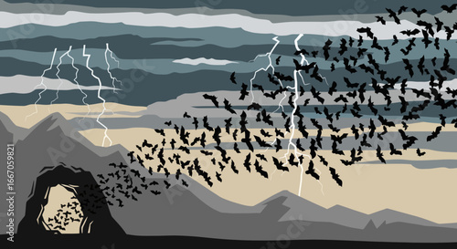 Black bats flying from a cave in grey mountains under a dark cloudy sky with lightning strikes