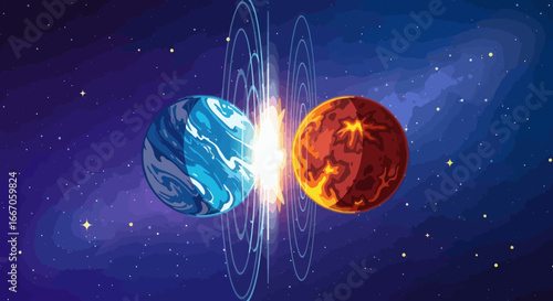 Blue and red planets colliding in deep space generating brilliant light and cosmic energy rings