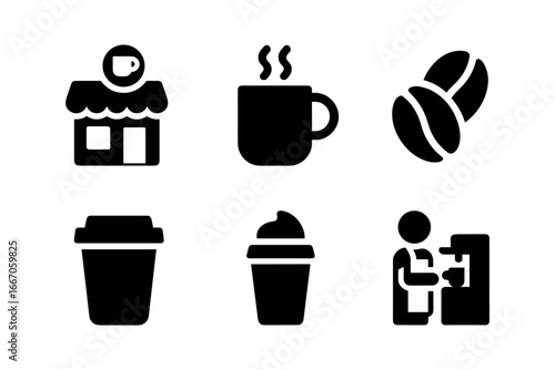 Coffee shop icons set featuring cups, beans, and barista in simple silhouette style