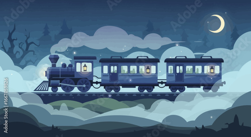 Blue steam train travels at night through a misty moonlit landscape with glowing lanterns