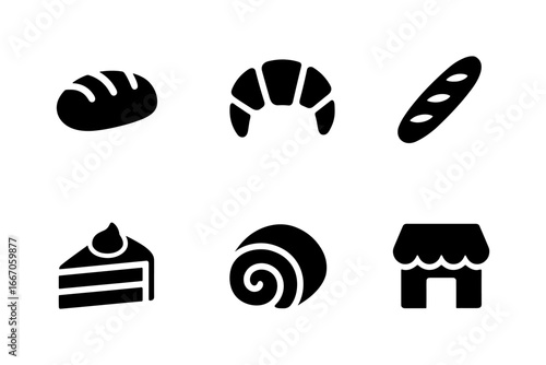 Minimalist bakery icons: bread, croissant, baguette, cake, roll, shop