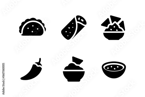 Silhouette icons of mexican cuisine featuring tacos, burritos, and salsa