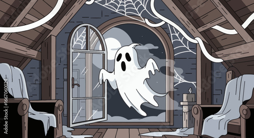 Cartoon ghost floats out of an attic window at night with spiderwebs and old furniture