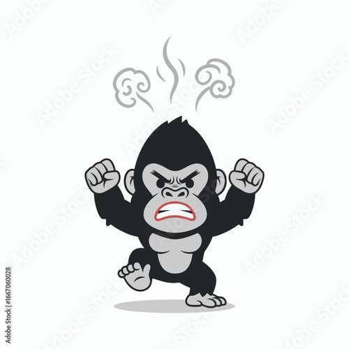 Cartoon gorilla black and grey stands angrily with clenched fists baring teeth and steam rising from its head