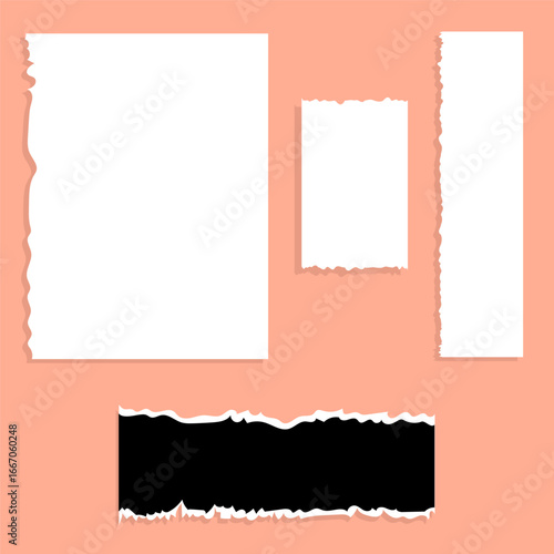Collection of white torn paper sheets with rough edges on a peach background. Includes different shapes and sizes for notes, banners, and creative design projects
