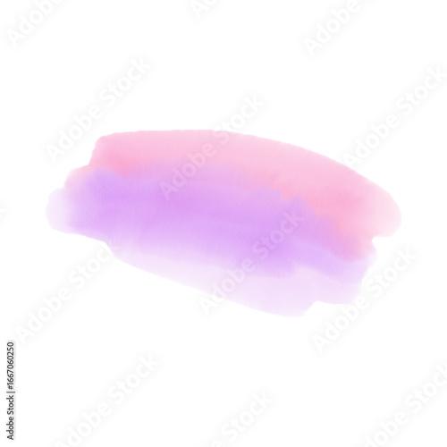 A soft watercolor brush stroke with blended pink and purple colors on a white background.