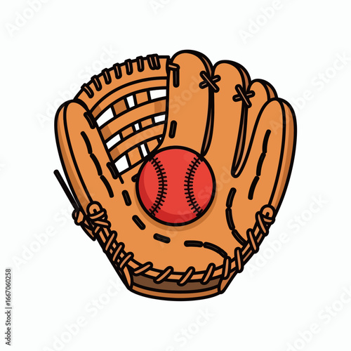 Cartoon orangebrown baseball glove with black lacing and webbing holding a red baseball with black stitching