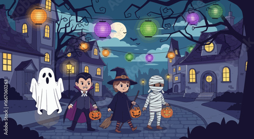 Children in ghost vampire witch and mummy costumes walk on a Halloween night street with illuminated houses and lanterns