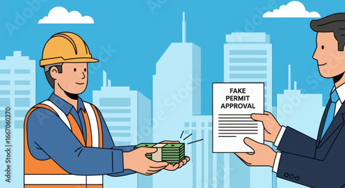Construction worker gives money to businessman for a document labeled FAKE PERMIT APPROVAL in city