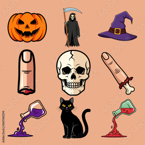 A collection of Halloween-themed illustrations featuring a pumpkin, grim reaper, witch's hat, and other spooky elements.