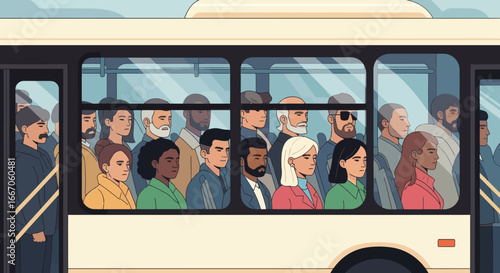 Crowded bus interior with numerous people standing observed through windows Flat art style