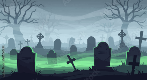 Dark graveyard scene with gravestones bare trees and green glowing mist in a foggy landscape