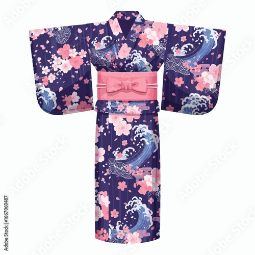 Dark blue kimono with pink cherry blossoms blue waves and a pink obi tied in a bow