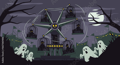 Dark carnival night with eerie Ferris wheel holding glowingeyed figures three ghosts full moon and lit tents