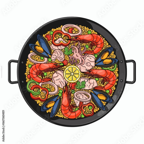Colorful paella in a black pan with shrimp mussels squid bell peppers peas and a lemon slice