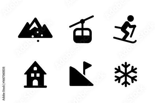 Winter sports icons: skiing, cable car, mountain, chalet, snowflake symbols
