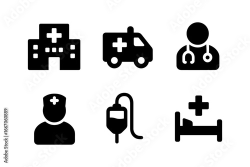Medical icons set: hospital, ambulance, doctor, nurse, iv, bed