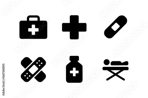 Medical icons set: silhouette symbols for healthcare and first aid