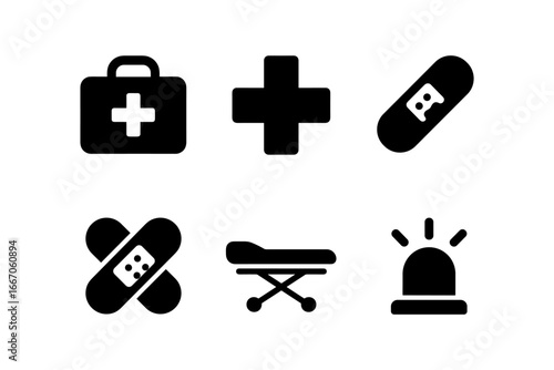 Minimalist medical icons: first aid and emergency symbols in black and white