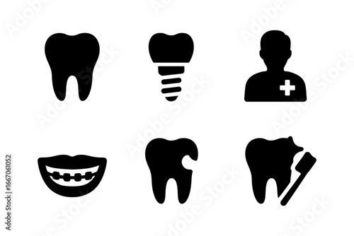 Dental care icons: tooth, implant, orthodontics, dentist silhouette set