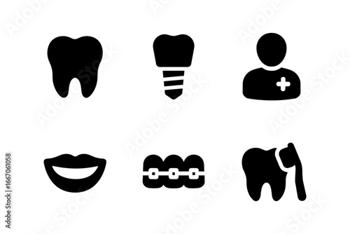 Dental health icons set featuring tooth, implant, orthodontics, dentist, smile, and hygiene symbols