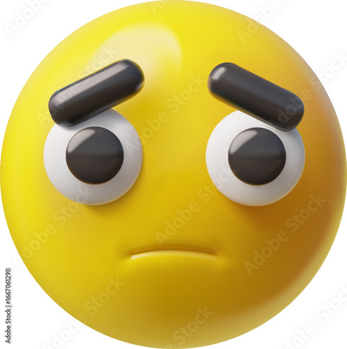 Disappointed emoji emoticon realistic vector 3D design, cartoon yellow volume round sad face embarrassment expression